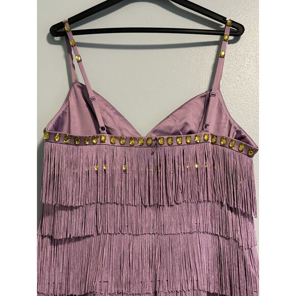 Mandalay 14 Dress Fringe Studded Gems Designer Bodycon Midi Purple VTG Flapper - Picture 5 of 11